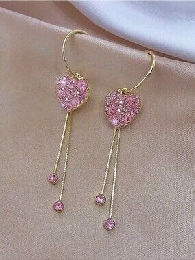 Elegant Pink Heart Love Tassel Drop Crystal Hoop Earrings S925 Sterling Post